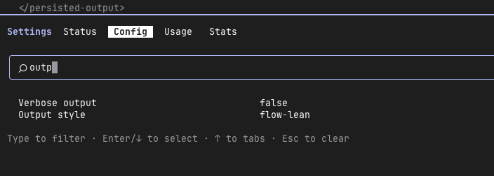 Claude Code Config tab showing Verbose output false and Output style flow-lean