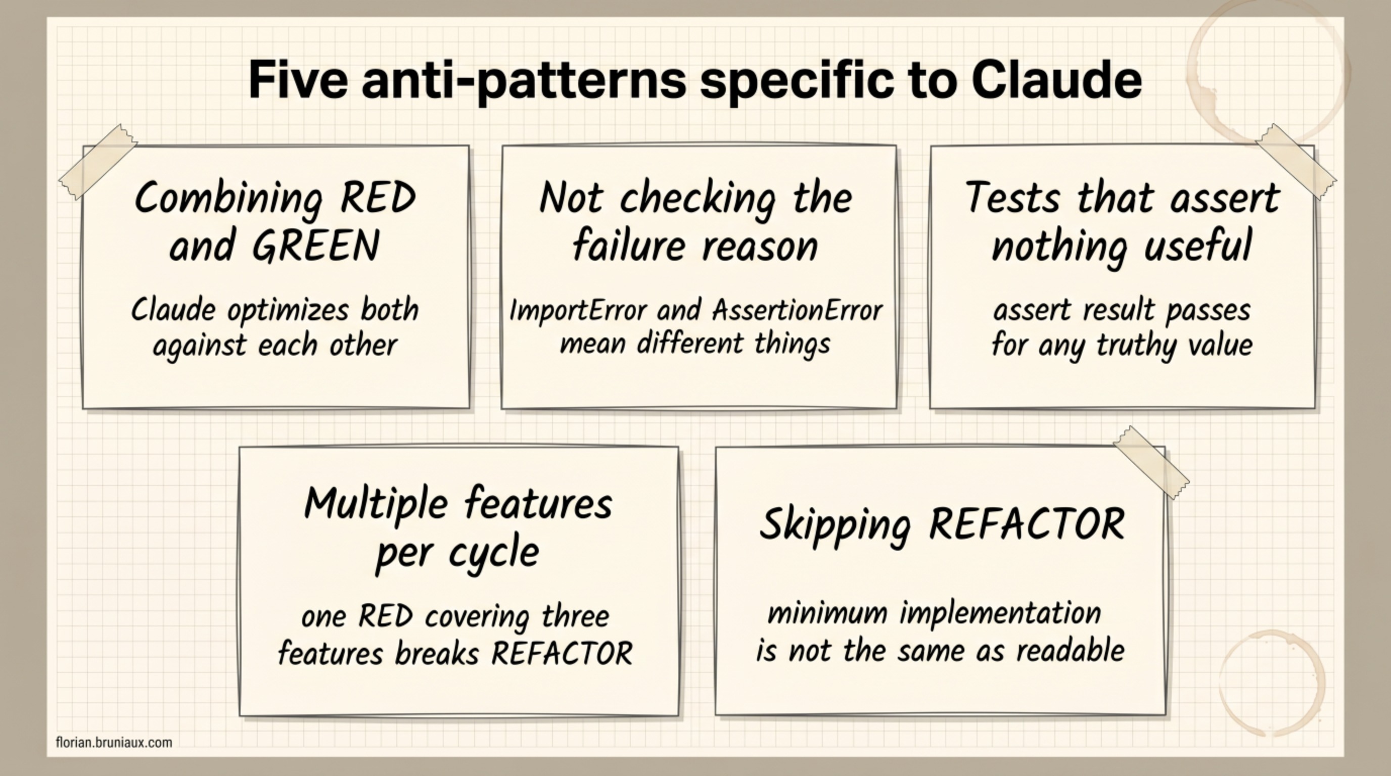 Five TDD anti-patterns specific to Claude: combining RED and GREEN, not checking the failure reason, tests that assert nothing useful, multiple features per cycle, skipping REFACTOR